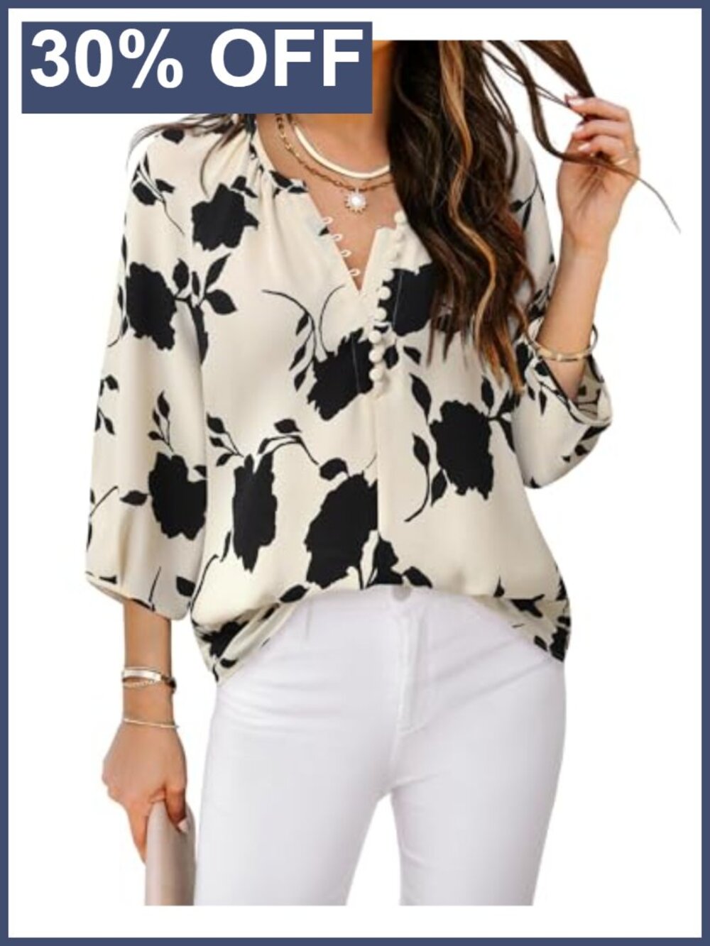 Womens Boho Chiffon Blouse 3/4 Puff Sleeve V-Neck Button Down Tunic Top